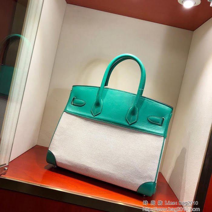 HERMES愛馬仕 鉑金包 Birkin30Cm Swift拼帆布 U4 Vert Vertigo 絲絨綠 銀扣 頂級工藝 手縫蠟線 無敵限量版 古董包  Ama1607